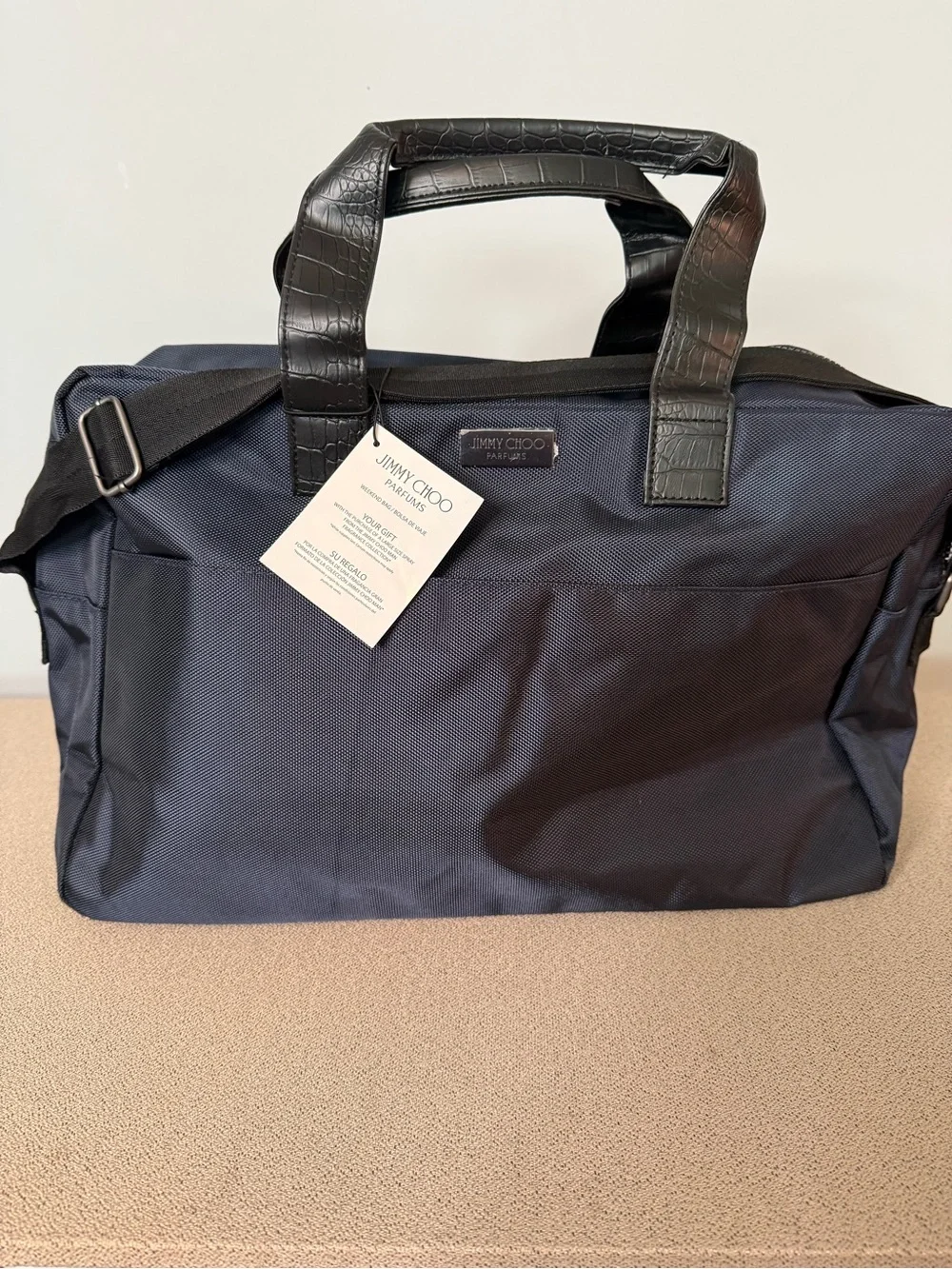Jimmy Choo Navy and Black Duffel Bag with Croc-Embossed Handles